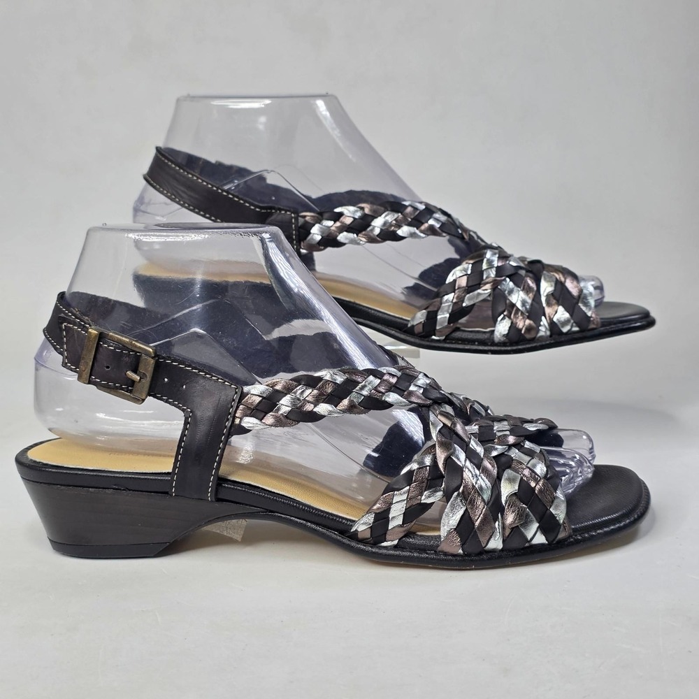 David Tate Italy Sandals Size 7 Black Silver Leather Braided Slingback Heels